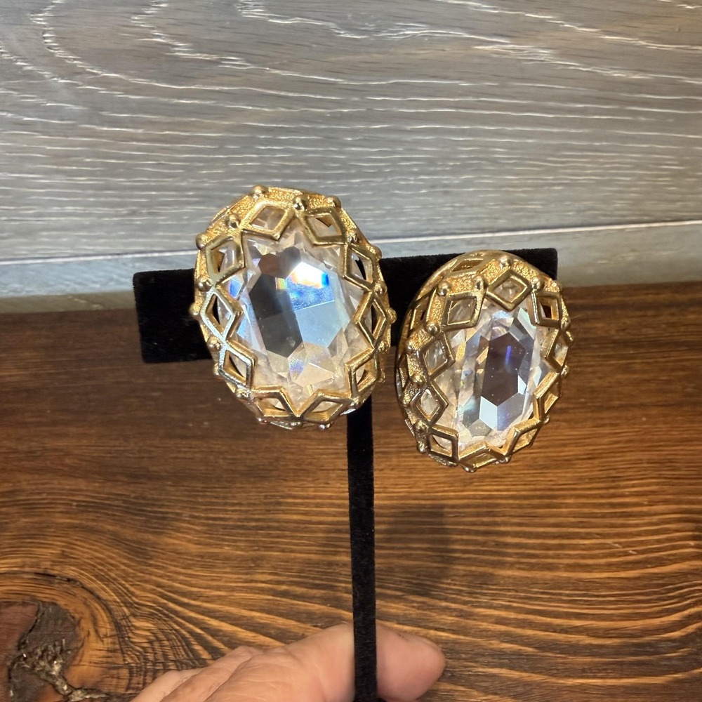 Vintage Christian Dior Statement Earrings Gold Tone Oval Crystal Clip On Germany